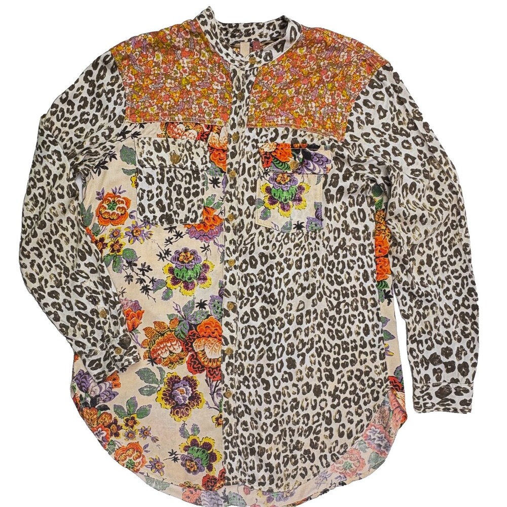 Pilcro Anthropologie Patchwork Leopard Floral Boho Shirt Orange Eclectic M